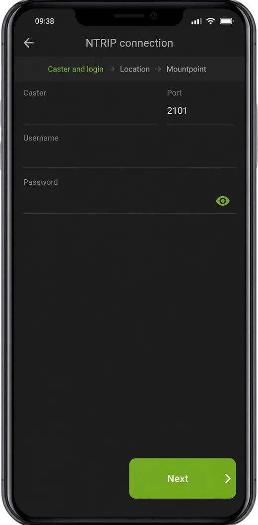NTRIP connection setup form with fields for caster, port, username and password.
