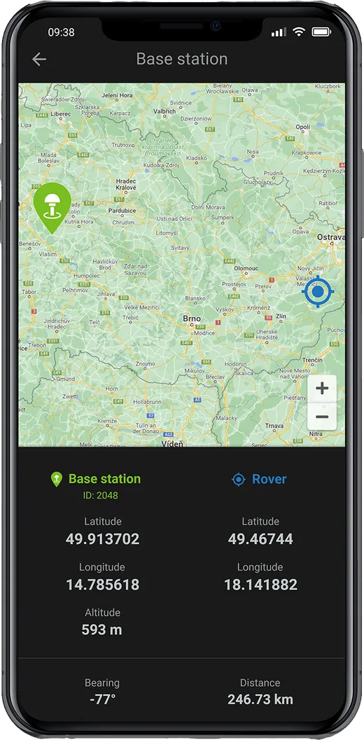 Base station map with base and rover coordinates, altitude and baseline distance.