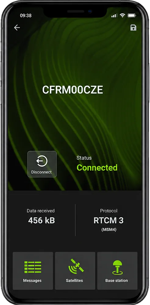 Connection status screen showing the mountpoint, Connected status, data received and RTCM 3 protocol.