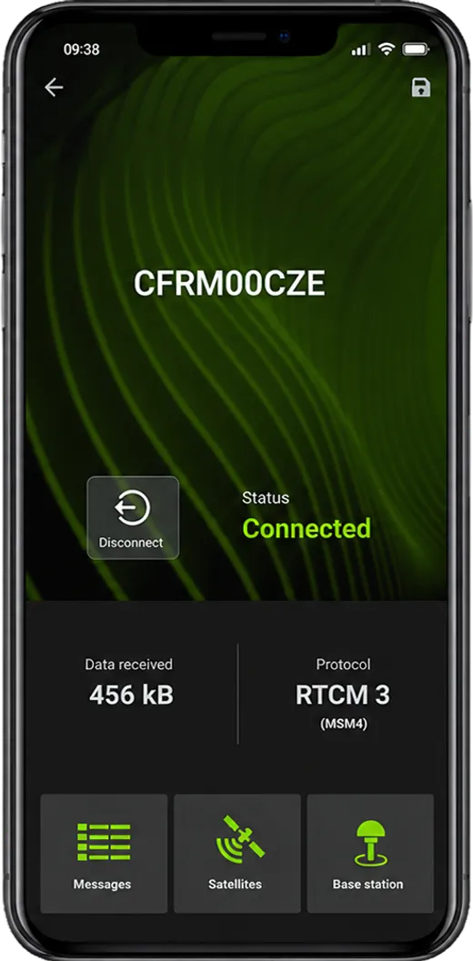 Connection status screen showing the mountpoint, Connected status, data received and RTCM 3 protocol.